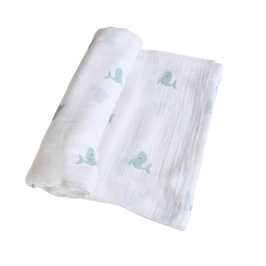 BA - Organic Baby Swaddle - Organic Muslin Cotton - Blue Whale