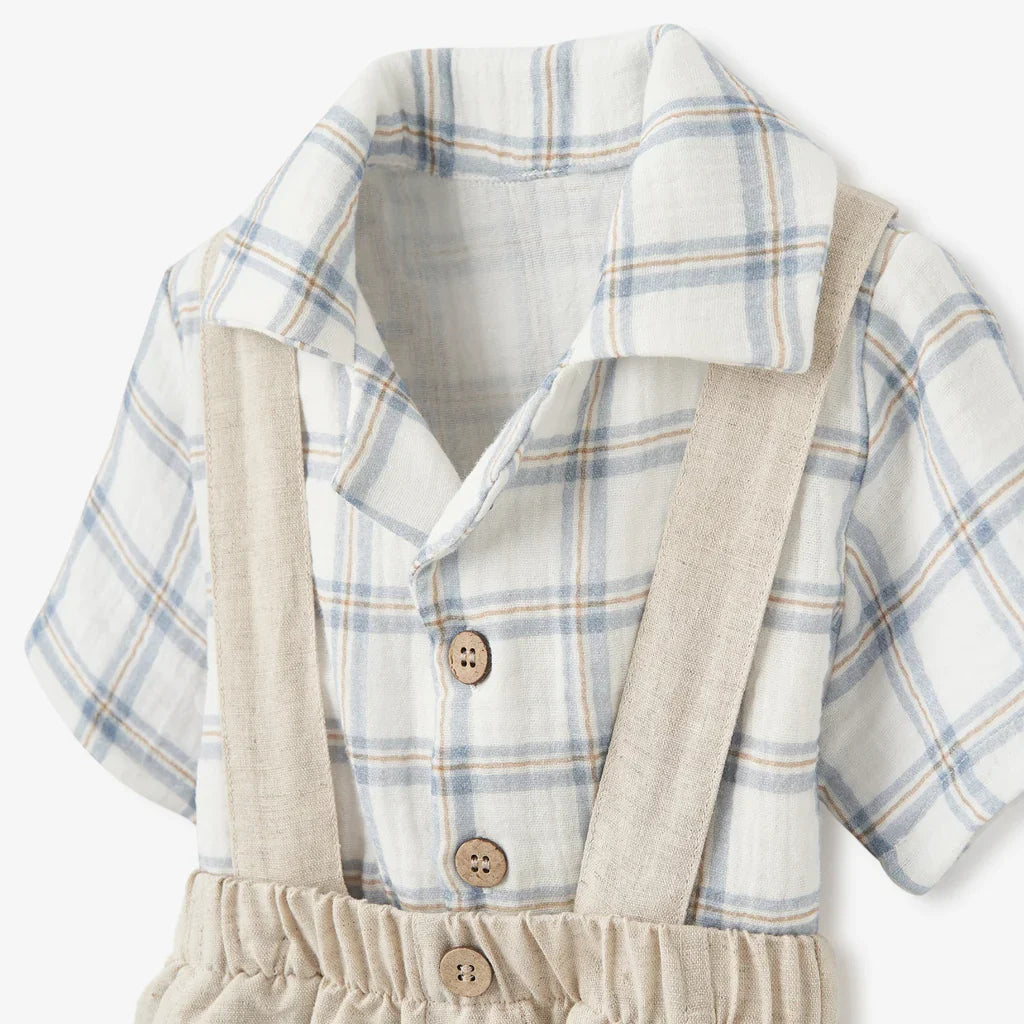 BA - Plaid Organic Cotton Muslin Shirt & Linen Shorts w/ Suspenders