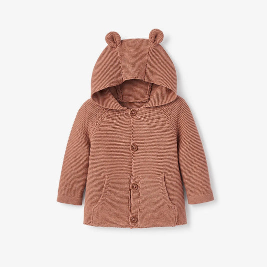 BA - Rust Bear Ear Hooded Knit Baby Cardigan