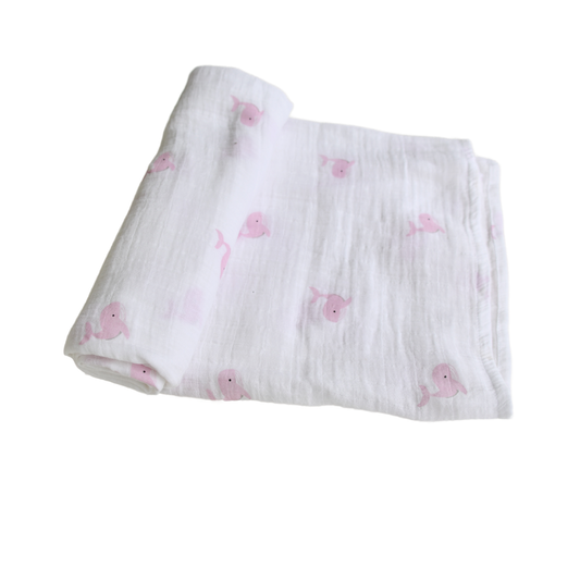 BA - Organic Muslin Baby Swaddle - Pink Whale Print
