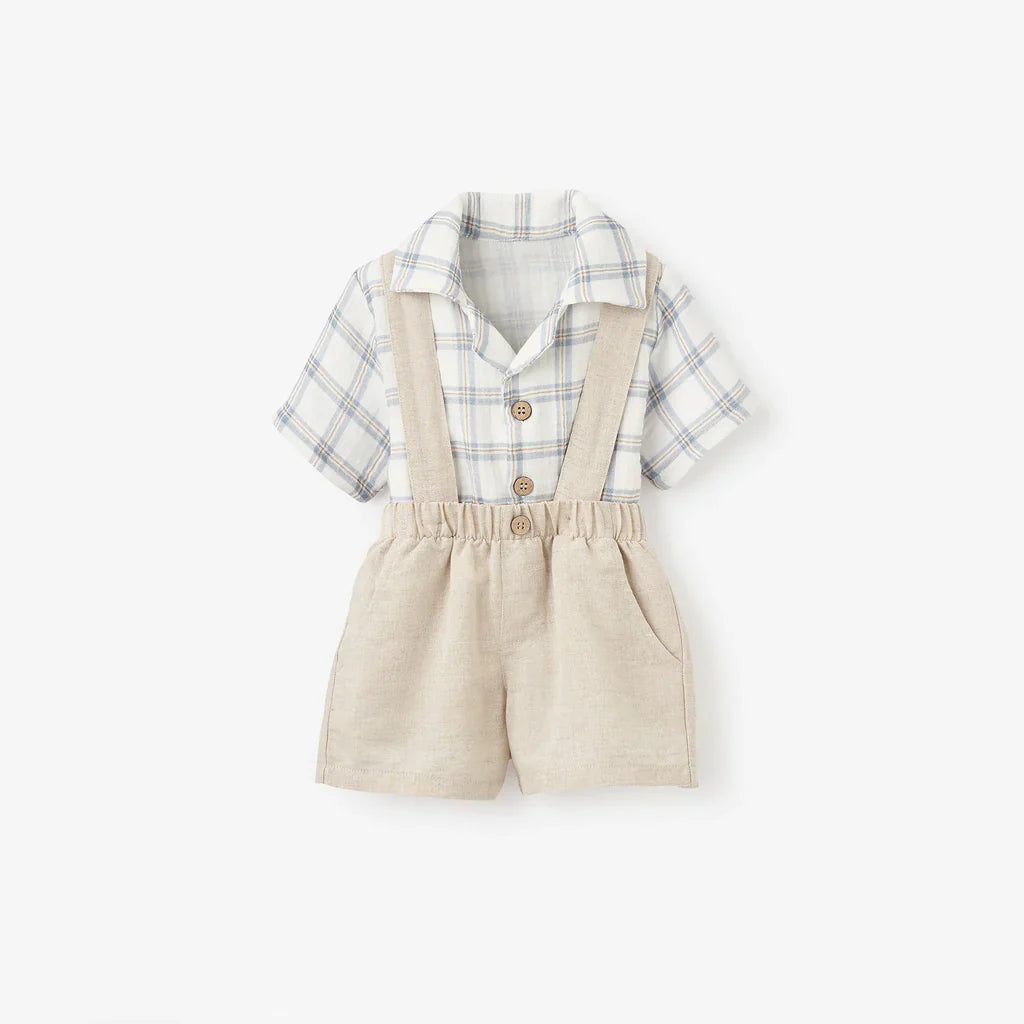 BA - Plaid Organic Cotton Muslin Shirt & Linen Shorts w/ Suspenders