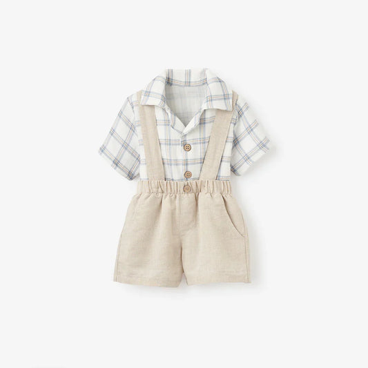 BA - Plaid Organic Cotton Muslin Shirt & Linen Shorts w/ Suspenders