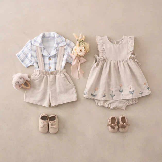 BA - Plaid Organic Cotton Muslin Shirt & Linen Shorts w/ Suspenders