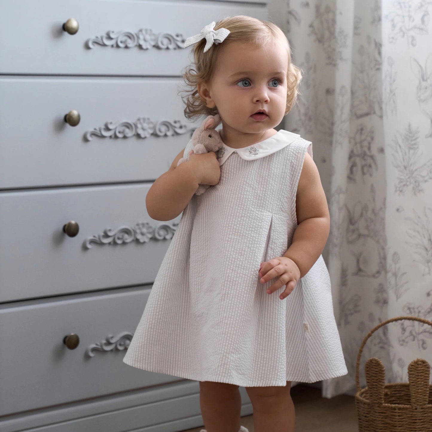 BA - Blue Seersucker Embroidered Bunny Dress